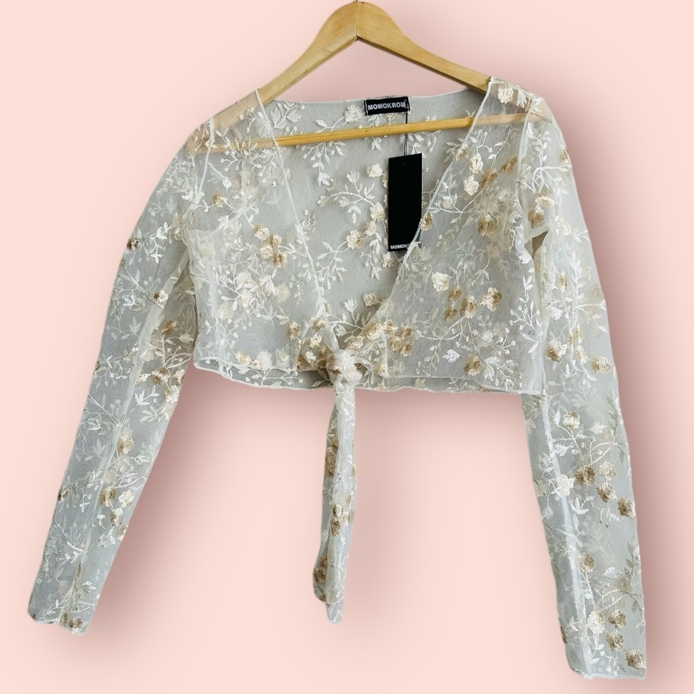 Momokrom Sheer Embroidered Floral Tie-Up Top Small Coquette Fairycore Romantic - Picture 3 of 14